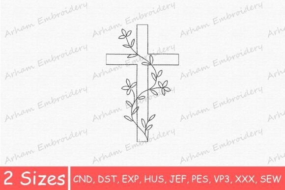 Elegant Botanical Christian Cross Embroidery Design